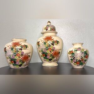 Vintage Otagiri Kutani Ware Ceramic Japanese Floral Vases & Ginger Jar Set